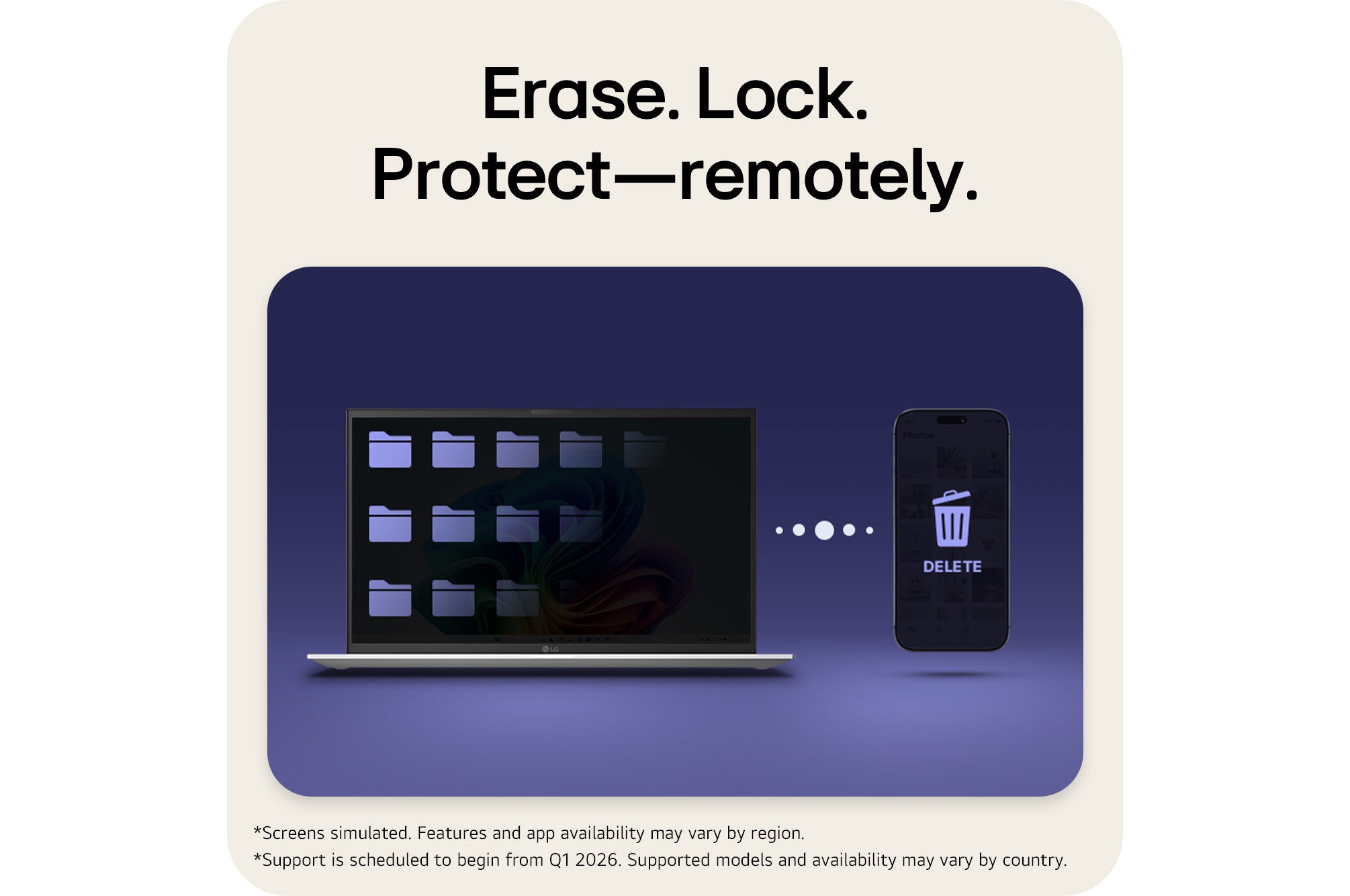 This image shows an LG gram laptop connected with a tablet, smartphone, and desktop display, illustrating seamless multi-device syncing and content sharing across iOS, Android, and webOS using LG gram Link.