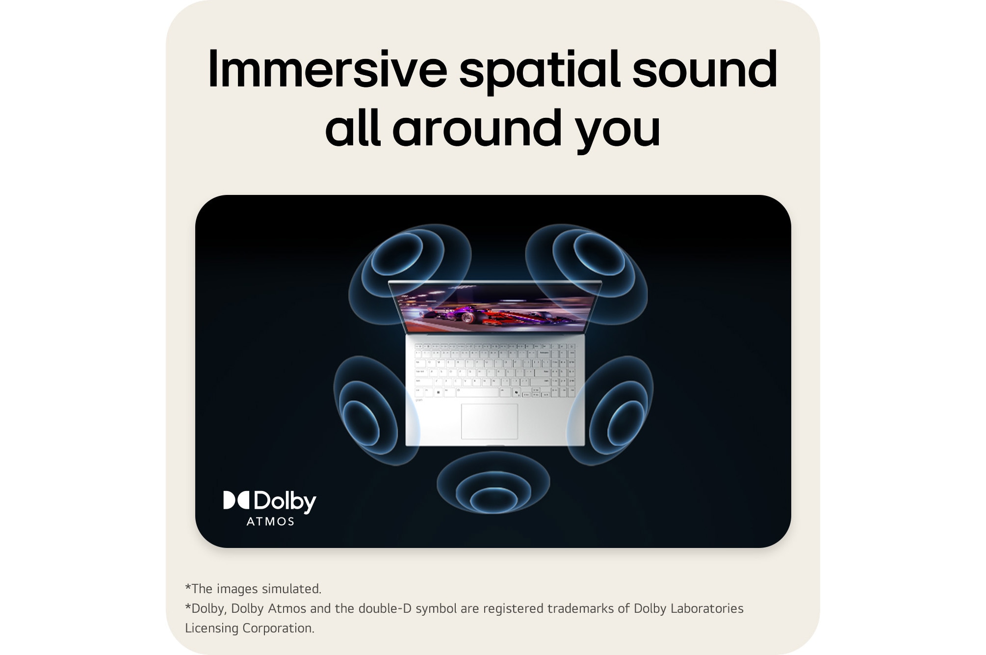 The image shows a top-down view of a laptop with a vibrant, purple-themed graphic on the screen. Surrounding the laptop are dynamic sound wave visuals, indicating an immersive audio experience. The "Dolby Atmos" logo is displayed in the bottom right corner.