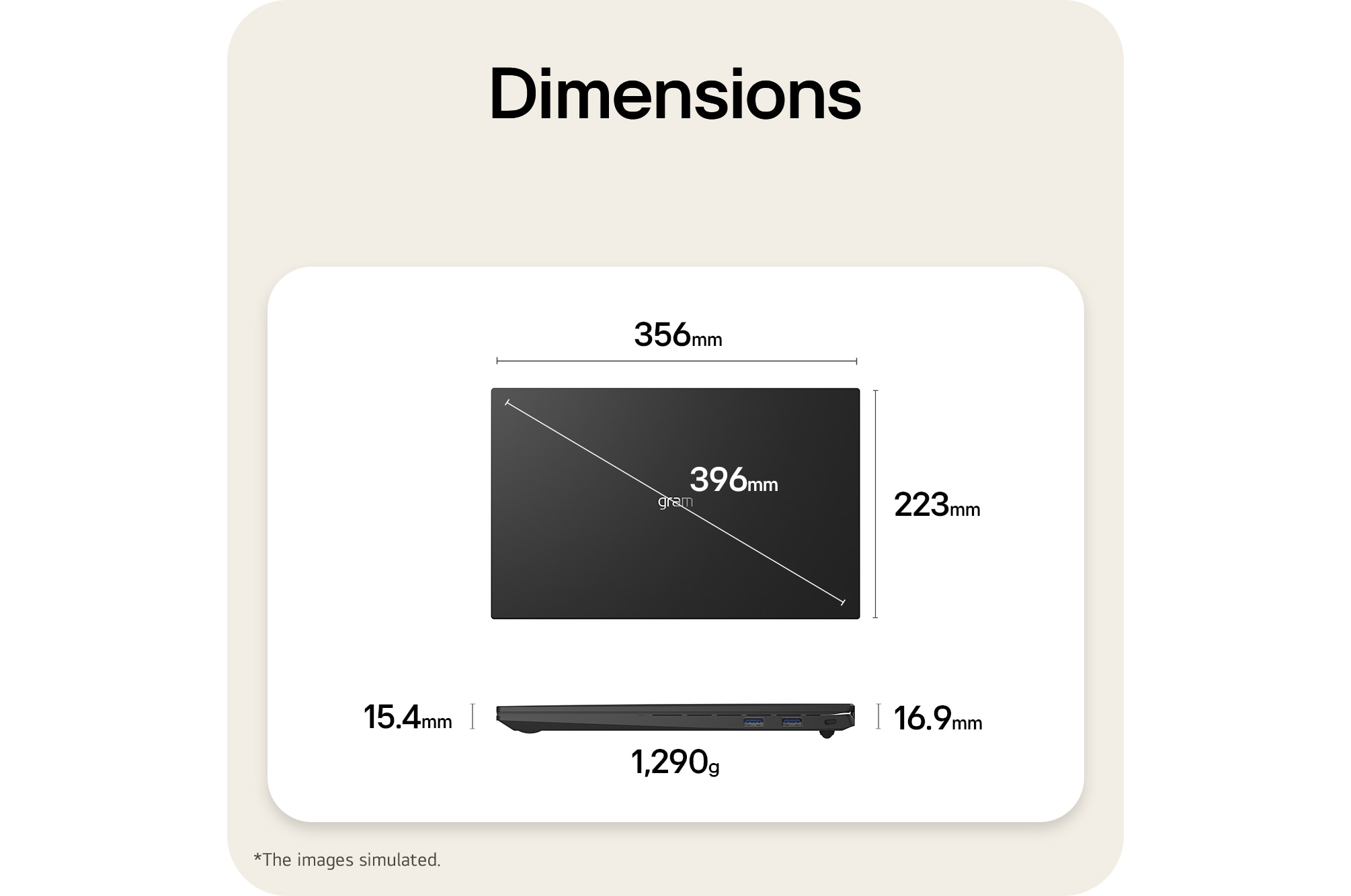 This image shows a dimensions diagram of the LG gram laptop, indicating the top view width and height, a diagonal size, and the side view showing thickness and weight.