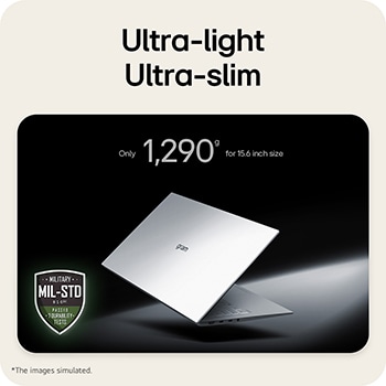 This image shows a lightweight LG gram laptop floating against a dark background, emphasizing its slim and compact design. Text above highlights the weight of The world’s lightest - among 1,739g-17 inch RTX laptops while a MIL-STD durability certification badge appears in the lower left, indicating military-standard durability testing.