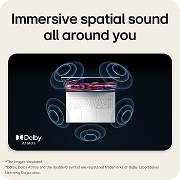 The image shows a top-down view of a laptop with a vibrant, purple-themed graphic on the screen. Surrounding the laptop are dynamic sound wave visuals, indicating an immersive audio experience. The "Dolby Atmos" logo is displayed in the bottom right corner.