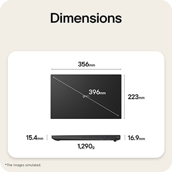 This image shows a dimensions diagram of the LG gram laptop, indicating the top view width and height, a diagonal size, and the side view showing thickness and weight.