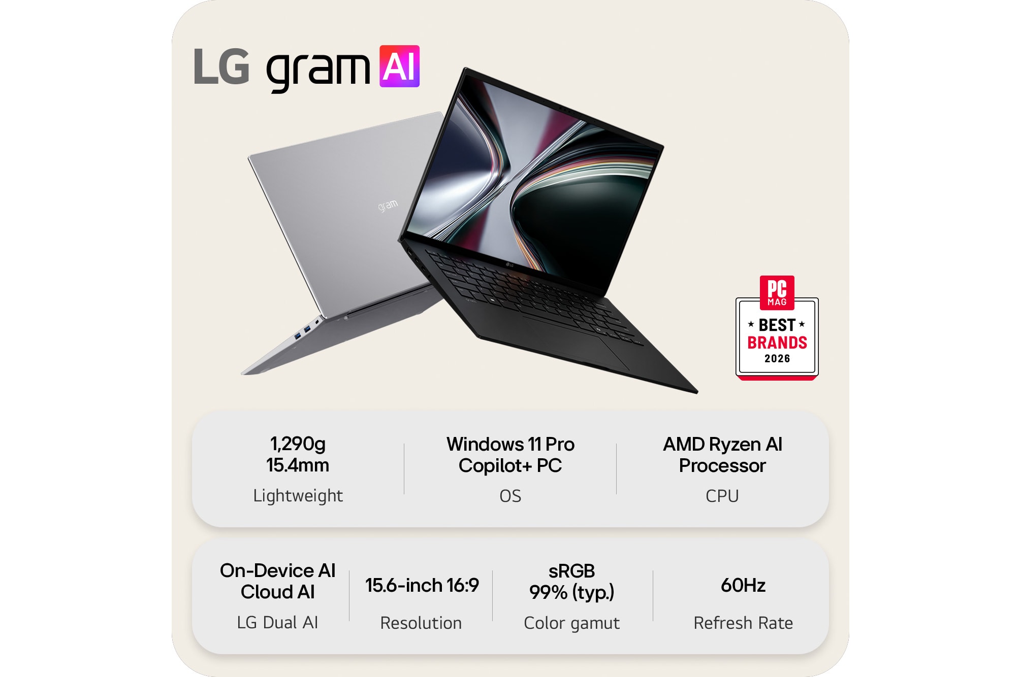 This image shows two lightweight laptops displayed on a bright background. One laptop is angled to highlight its slim, compact rear design, while the other is open, emphasizing a thin and lightweight build, with key specifications shown below.