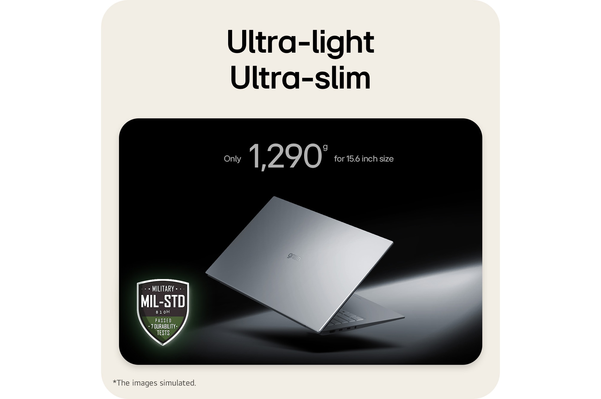 This image shows a lightweight LG gram laptop floating against a dark background, emphasizing its slim and compact design. Text above highlights the weight of The world’s lightest - among 1,739g-17 inch RTX laptops while a MIL-STD durability certification badge appears in the lower left, indicating military-standard durability testing.
