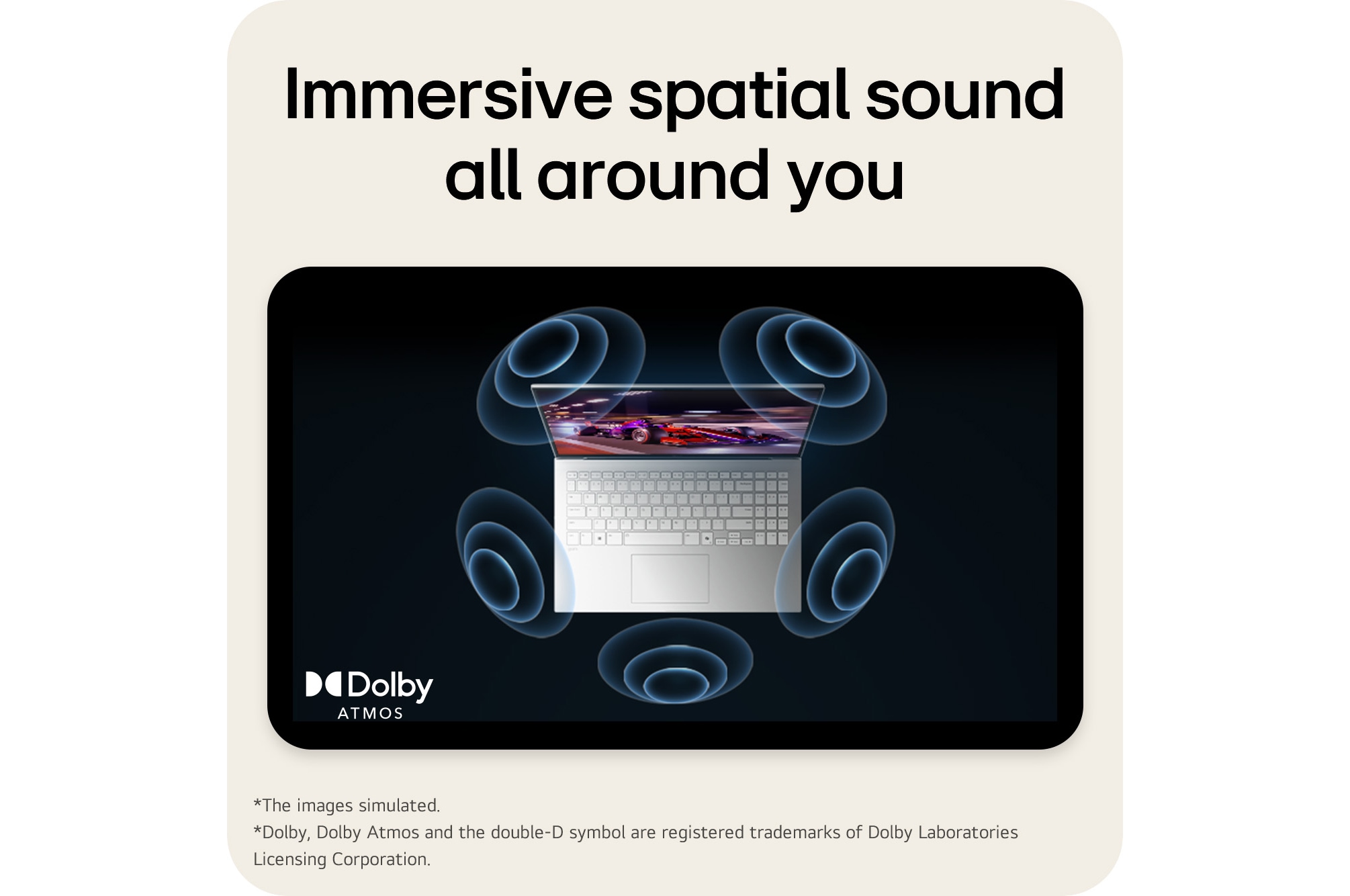 The image shows a top-down view of a laptop with a vibrant, purple-themed graphic on the screen. Surrounding the laptop are dynamic sound wave visuals, indicating an immersive audio experience. The "Dolby Atmos" logo is displayed in the bottom right corner.