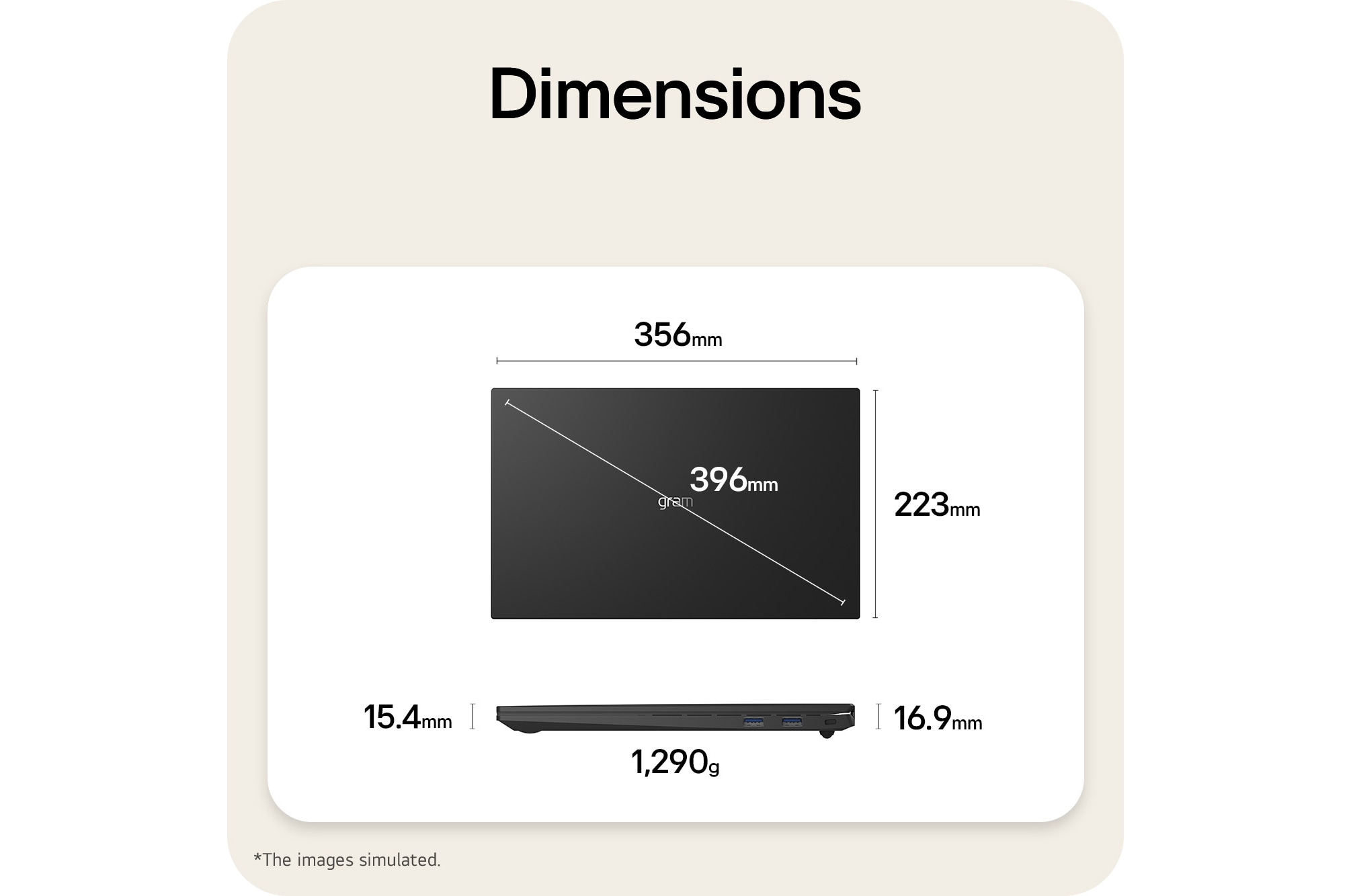 This image shows a dimensions diagram of the LG gram laptop, indicating the top view width and height, a diagonal size, and the side view showing thickness and weight.