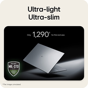 This image shows a lightweight LG gram laptop floating against a dark background, emphasizing its slim and compact design. Text above highlights the weight of The world’s lightest - among 1,739g-17 inch RTX laptops while a MIL-STD durability certification badge appears in the lower left, indicating military-standard durability testing.