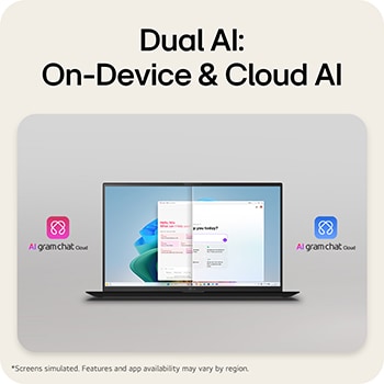 The image shows a laptop screen split into two sections, presenting AI gram chat on-device on one side and AI gram chat cloud on the other, illustrating on-device and cloud-based AI chat interfaces.