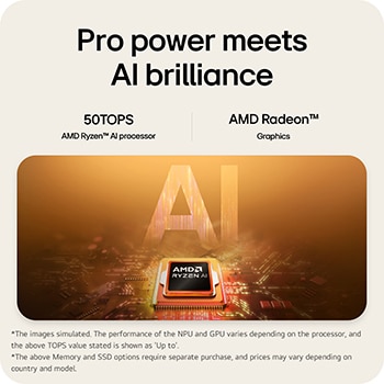 The image shows a laptop screen split into two sections, presenting AI gram chat on-device on one side and AI gram chat cloud on the other, illustrating on-device and cloud-based AI chat interfaces.