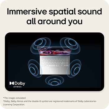 The image shows a top-down view of a laptop with a vibrant, purple-themed graphic on the screen. Surrounding the laptop are dynamic sound wave visuals, indicating an immersive audio experience. The "Dolby Atmos" logo is displayed in the bottom right corner.