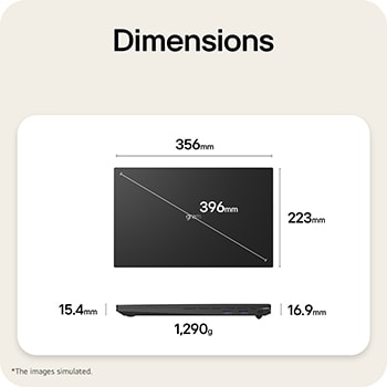 This image shows a dimensions diagram of the LG gram laptop, indicating the top view width and height, a diagonal size, and the side view showing thickness and weight.