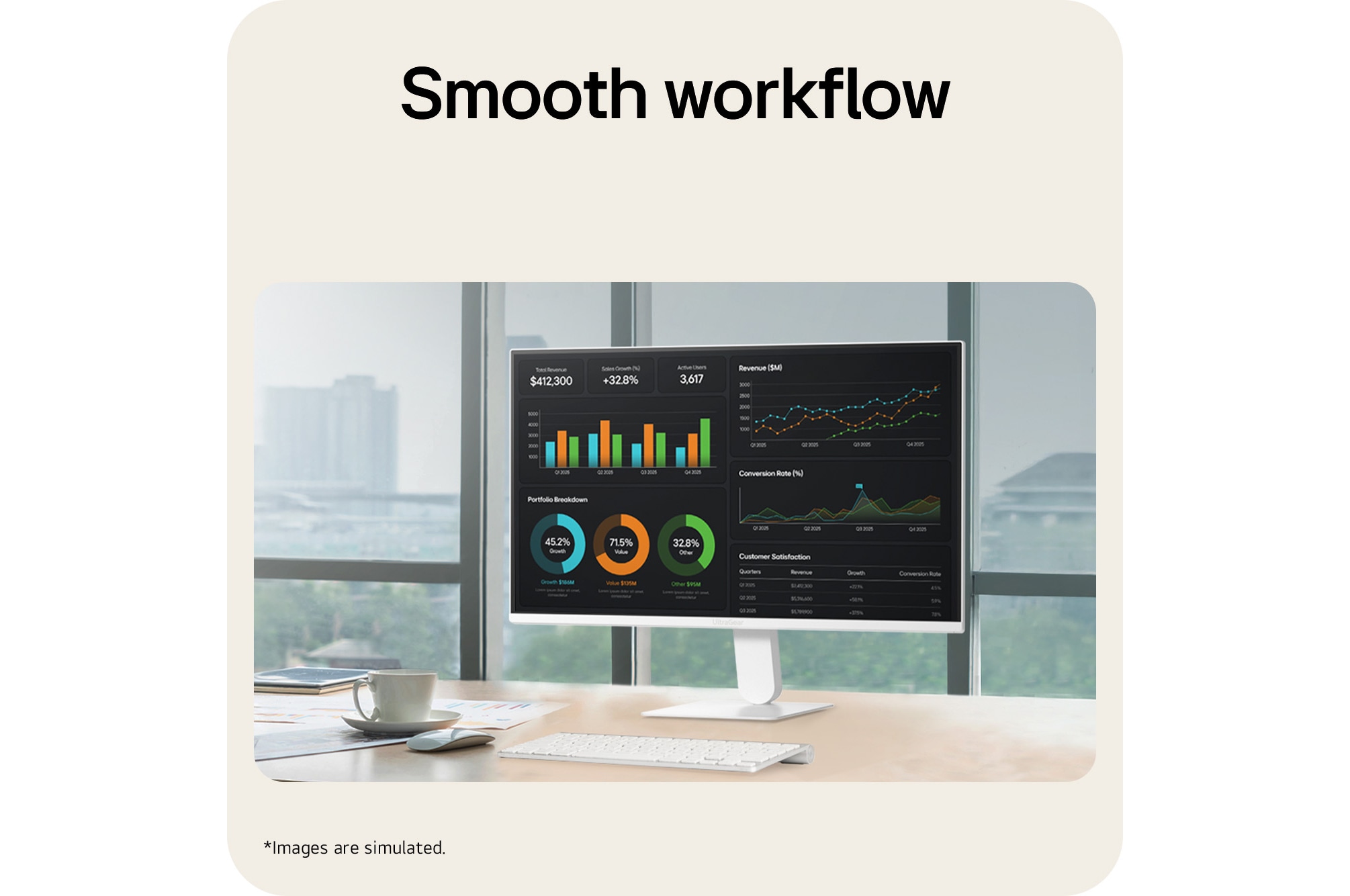Wide horizontal monitor setup ideal for multitasking workspace