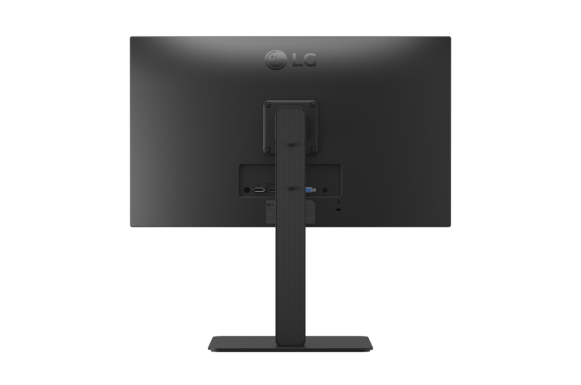 Rear view of an LG monitor showing stand design and connectivity ports.