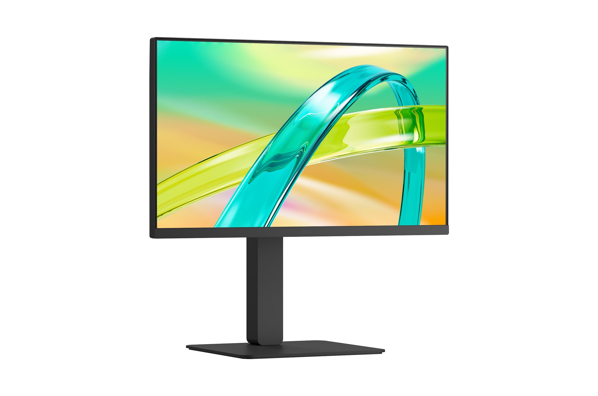 Front view of a monitor displaying a colorful abstract image on a sleek black stand.