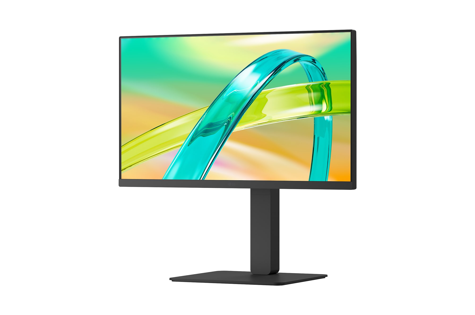Front view of a monitor displaying a colorful abstract image on a sleek black stand.