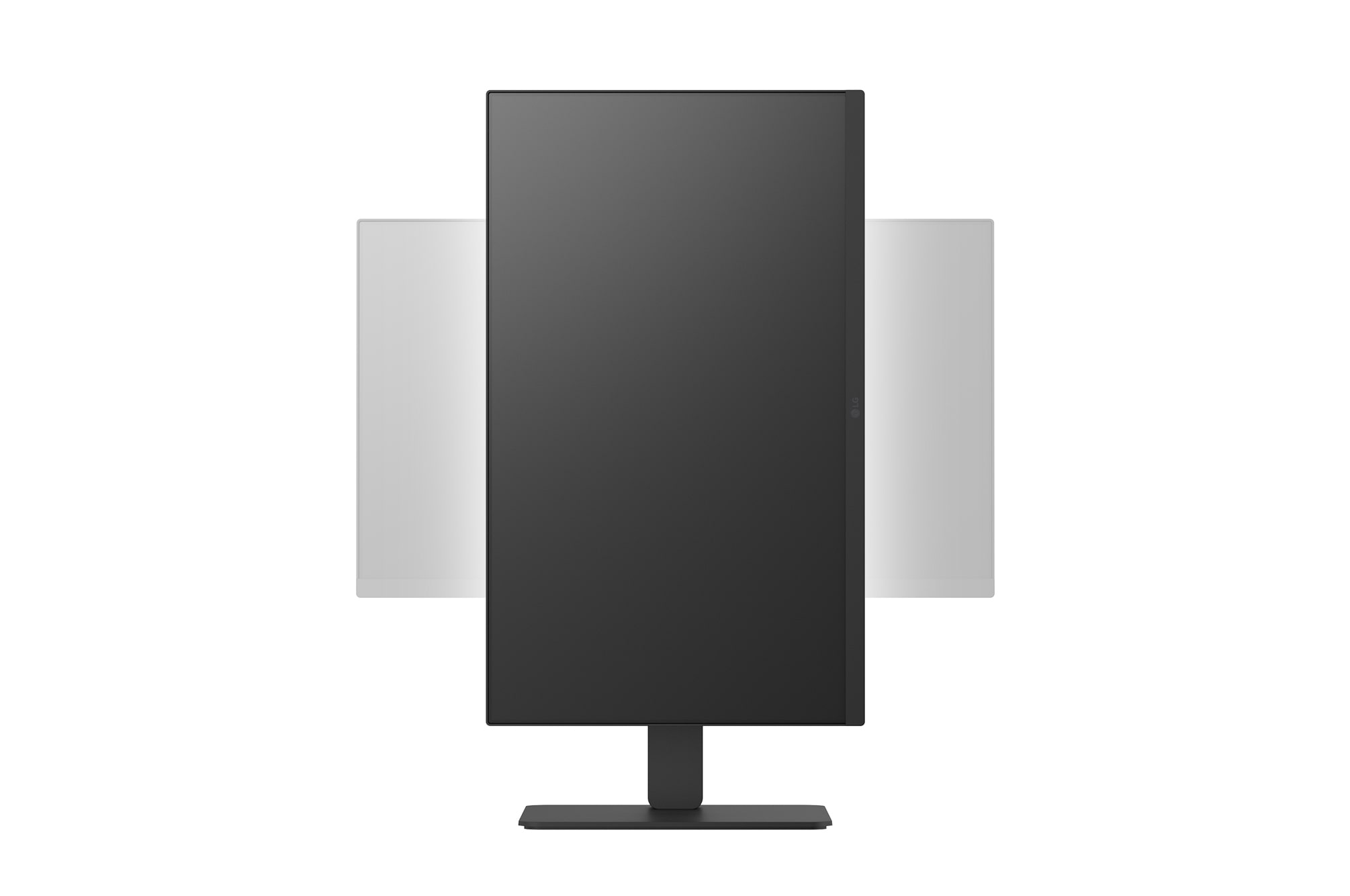 Front view of a monitor rotated into vertical portrait mode, showing pivot functionality with horizontal positions in the background.