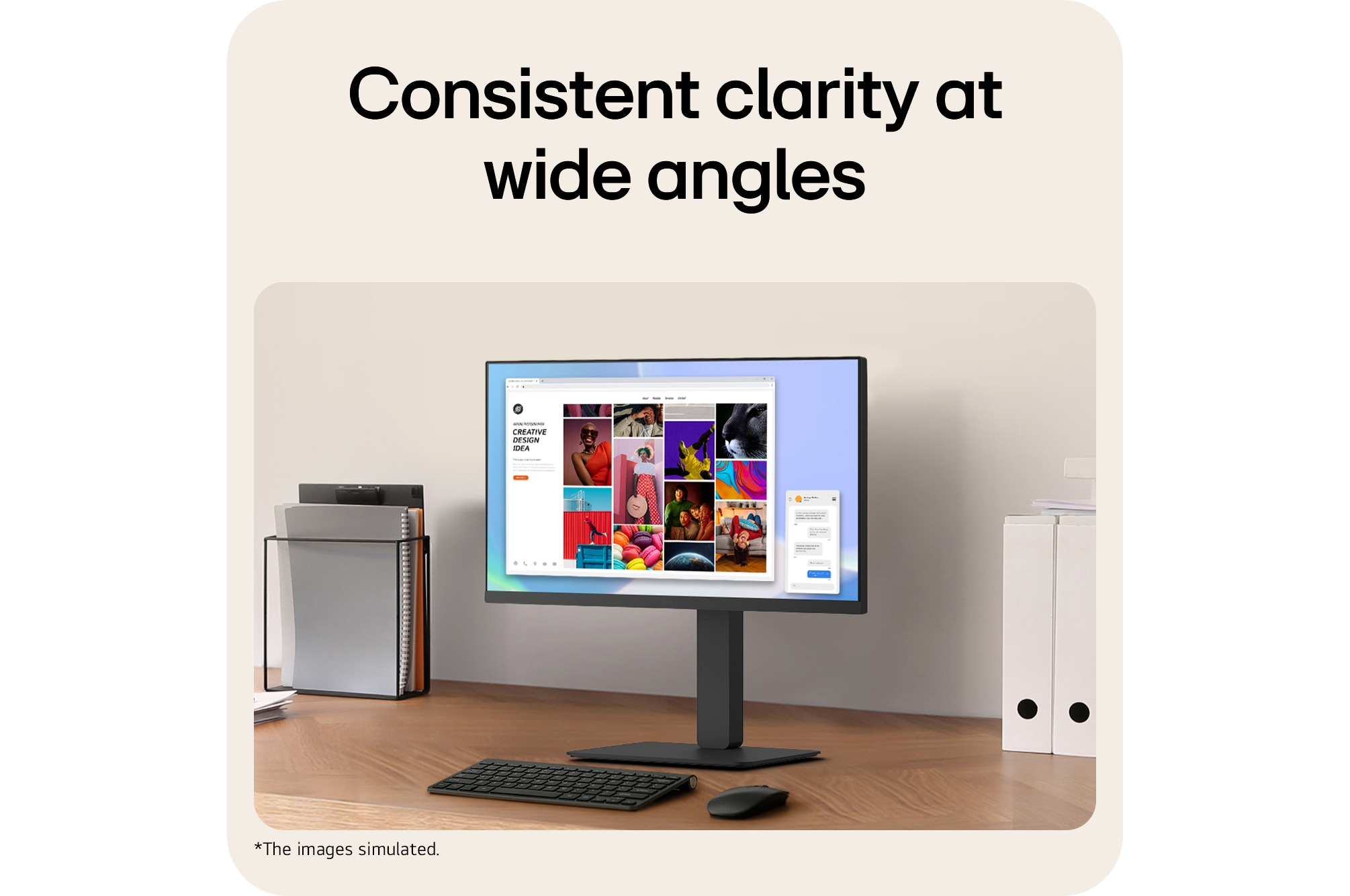 Office desk setup with a monitor displaying a colorful creative design interface, highlighting consistent clarity and wide viewing angles.