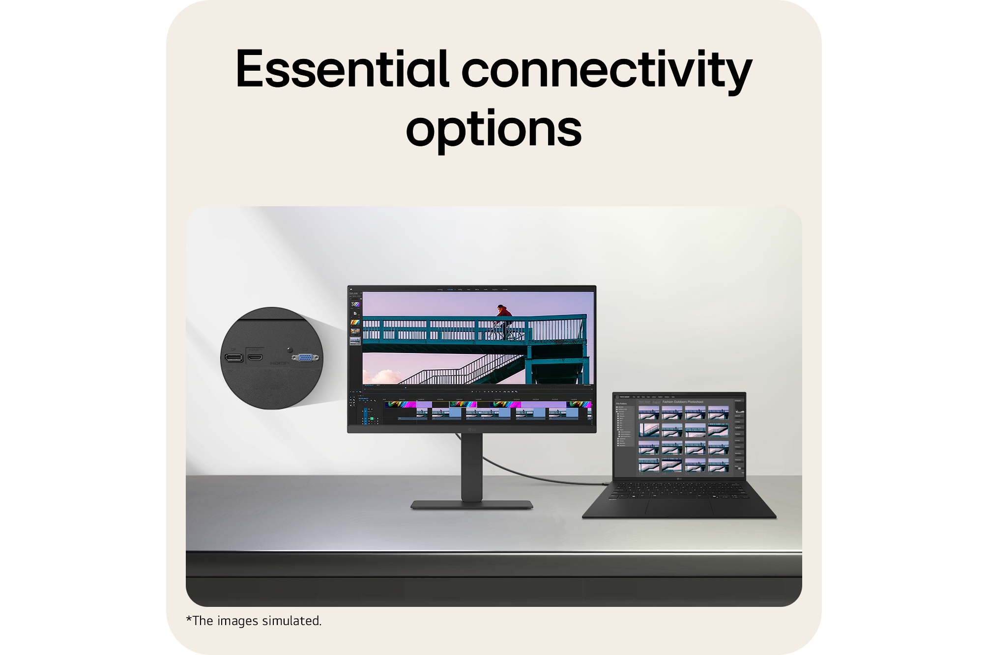 LG monitor connected to a laptop via HDMI cable, showcasing versatile connectivity with HDMI, DisplayPort.