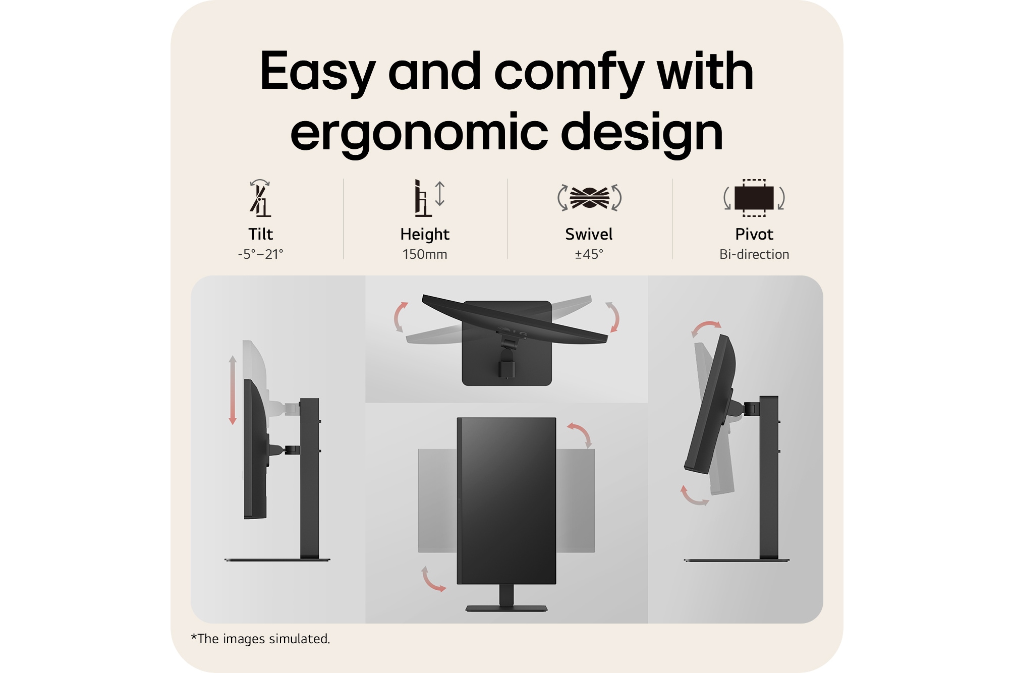 Ergonomic monitor design showcasing tilt, height adjustment, swivel, and pivot features for flexible viewing angles and comfortable workspace setup.
