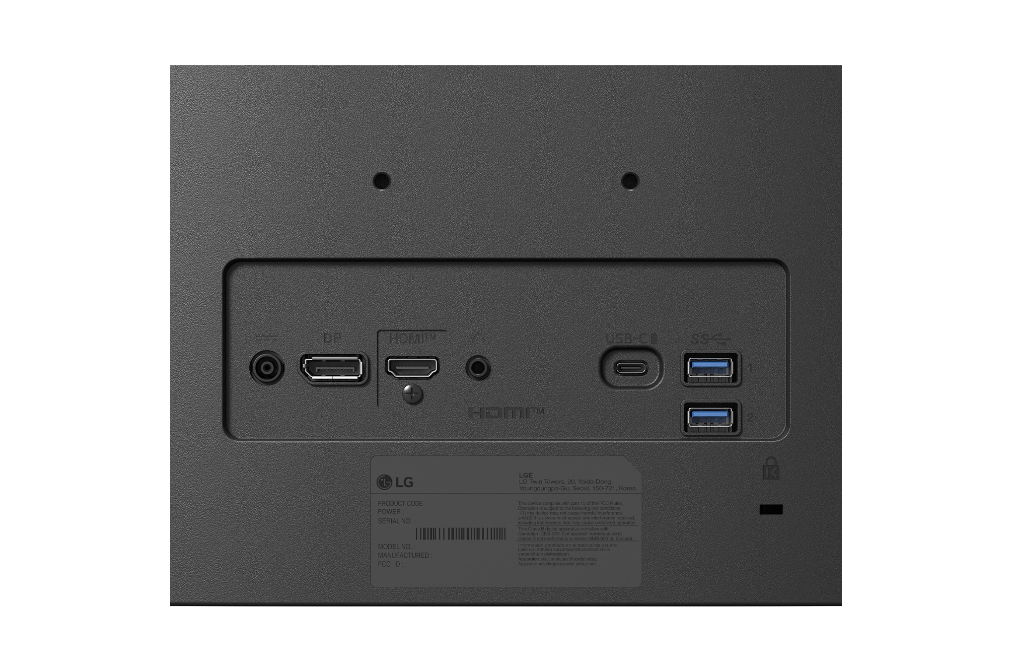 Rear view close-up of monitor ports including DisplayPort, HDMI, headphone jack for versatile connectivity.