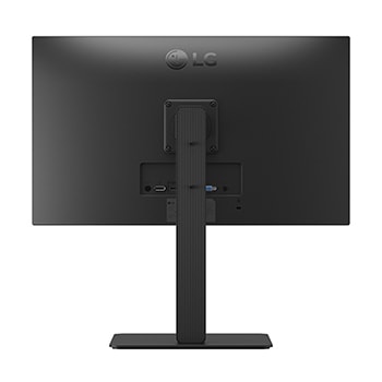 Rear view of an LG monitor showing stand design and connectivity ports.