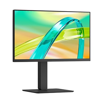 Front view of a monitor displaying a colorful abstract image on a sleek black stand.