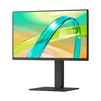 Front view of a monitor displaying a colorful abstract image on a sleek black stand.