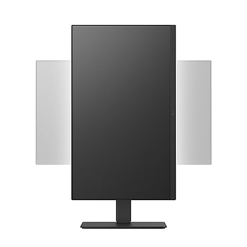 Front view of a monitor rotated into vertical portrait mode, showing pivot functionality with horizontal positions in the background.