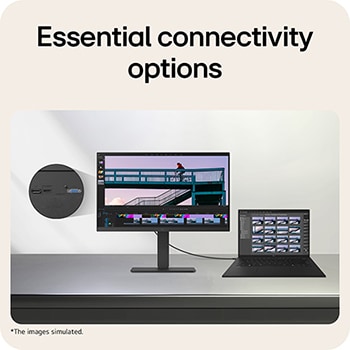 LG monitor connected to a laptop via HDMI cable, showcasing versatile connectivity with HDMI, DisplayPort.