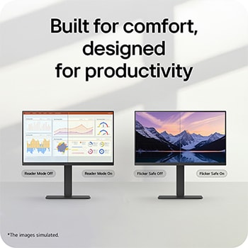 Two monitors comparing reader mode and flicker-safe features, illustrating improved eye comfort and productivity with reduced blue light and screen flicker.
