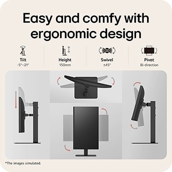 Ergonomic monitor design showcasing tilt, height adjustment, swivel, and pivot features for flexible viewing angles and comfortable workspace setup.