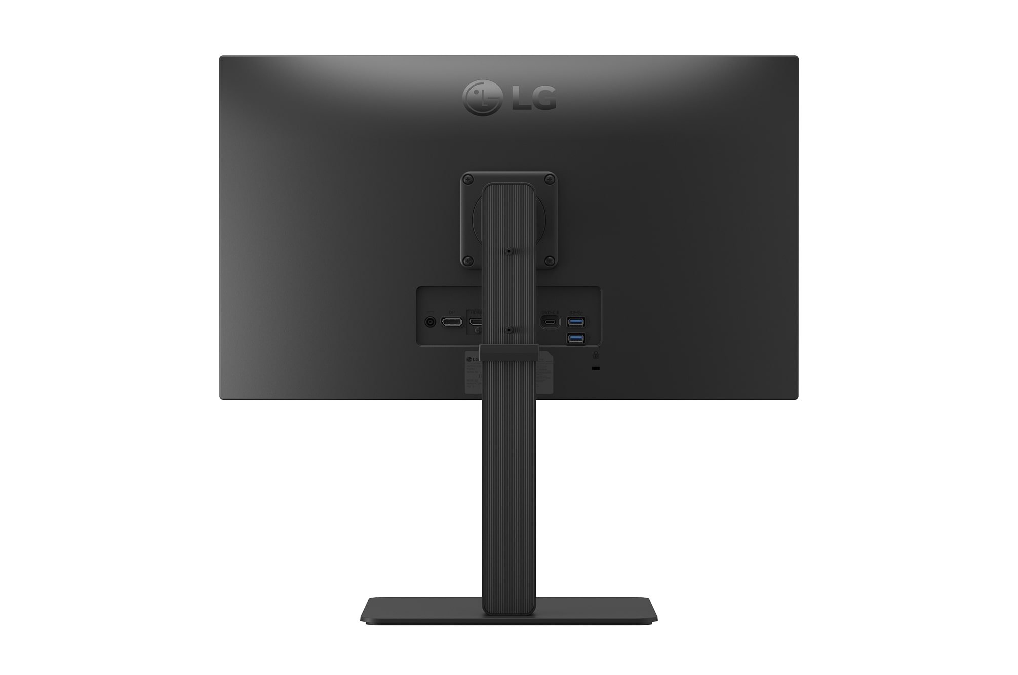 Rear view of an LG monitor showing stand design and connectivity ports.