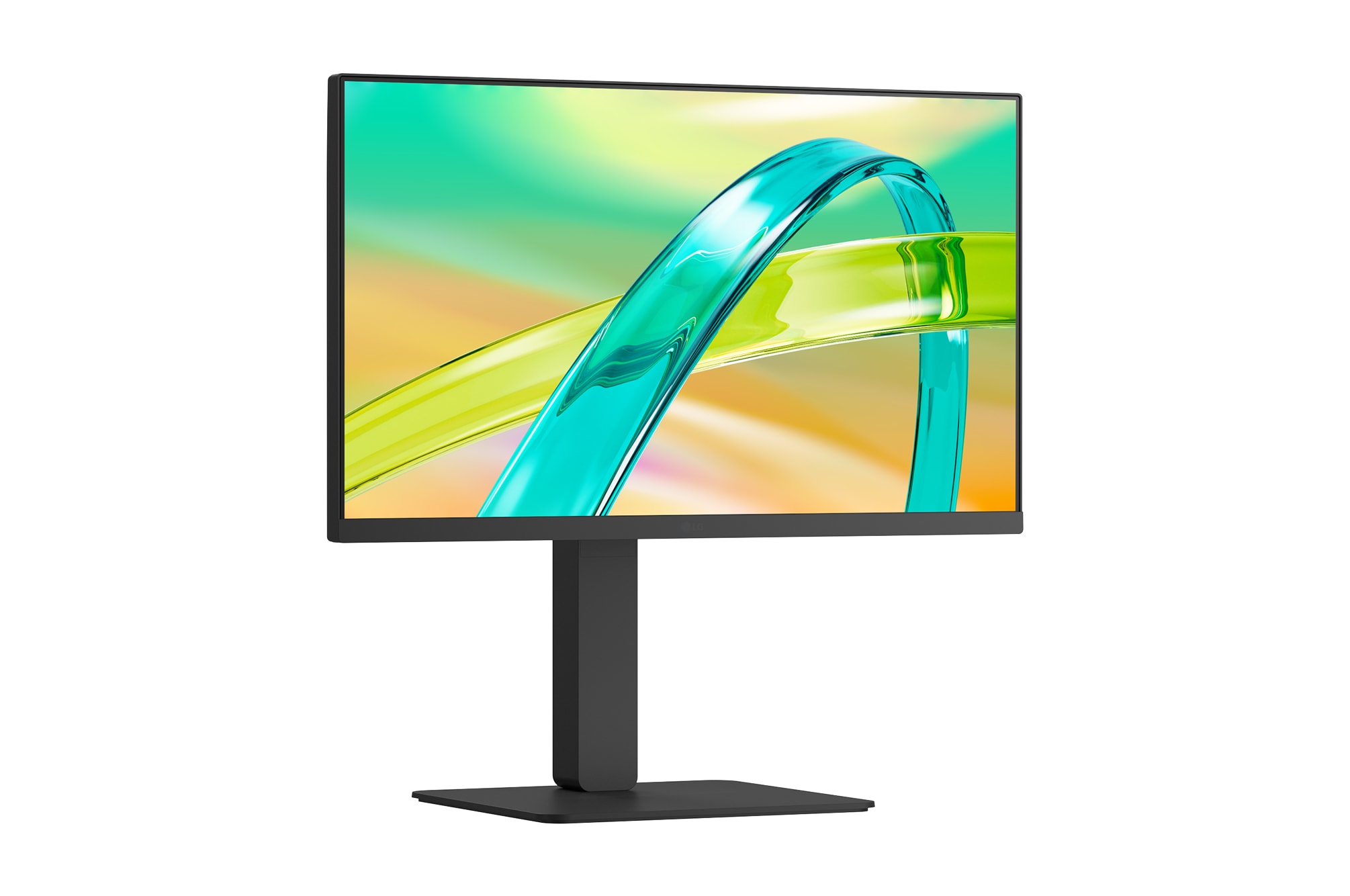 Front view of a monitor displaying a colorful abstract image on a sleek black stand.