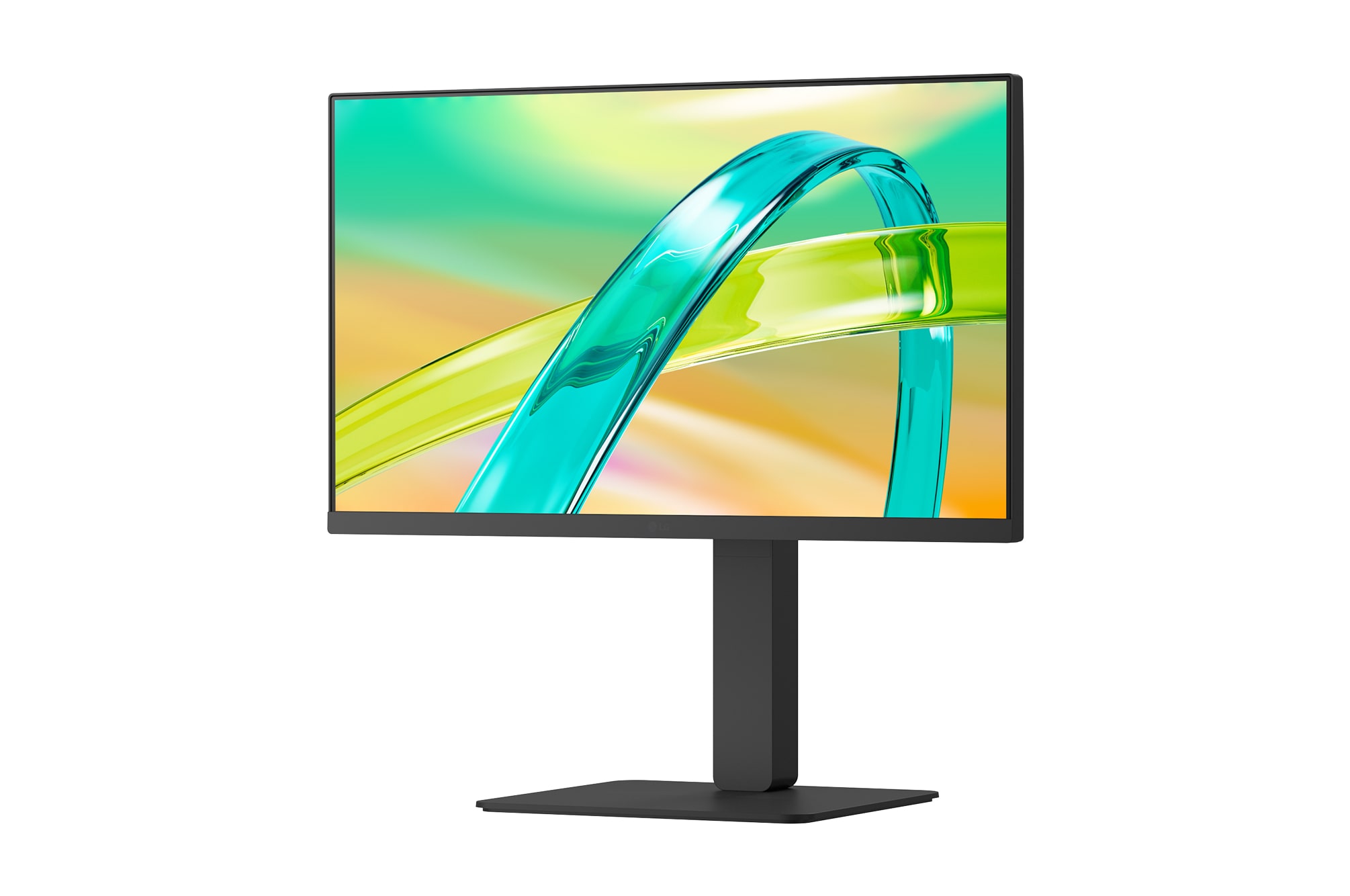 Front view of a monitor displaying a colorful abstract image on a sleek black stand.