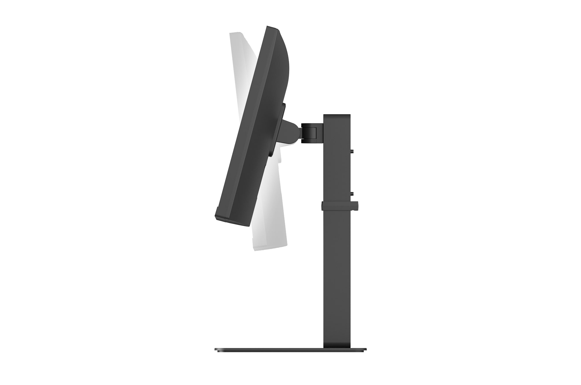 Side view of a monitor demonstrating forward and backward tilt adjustment.