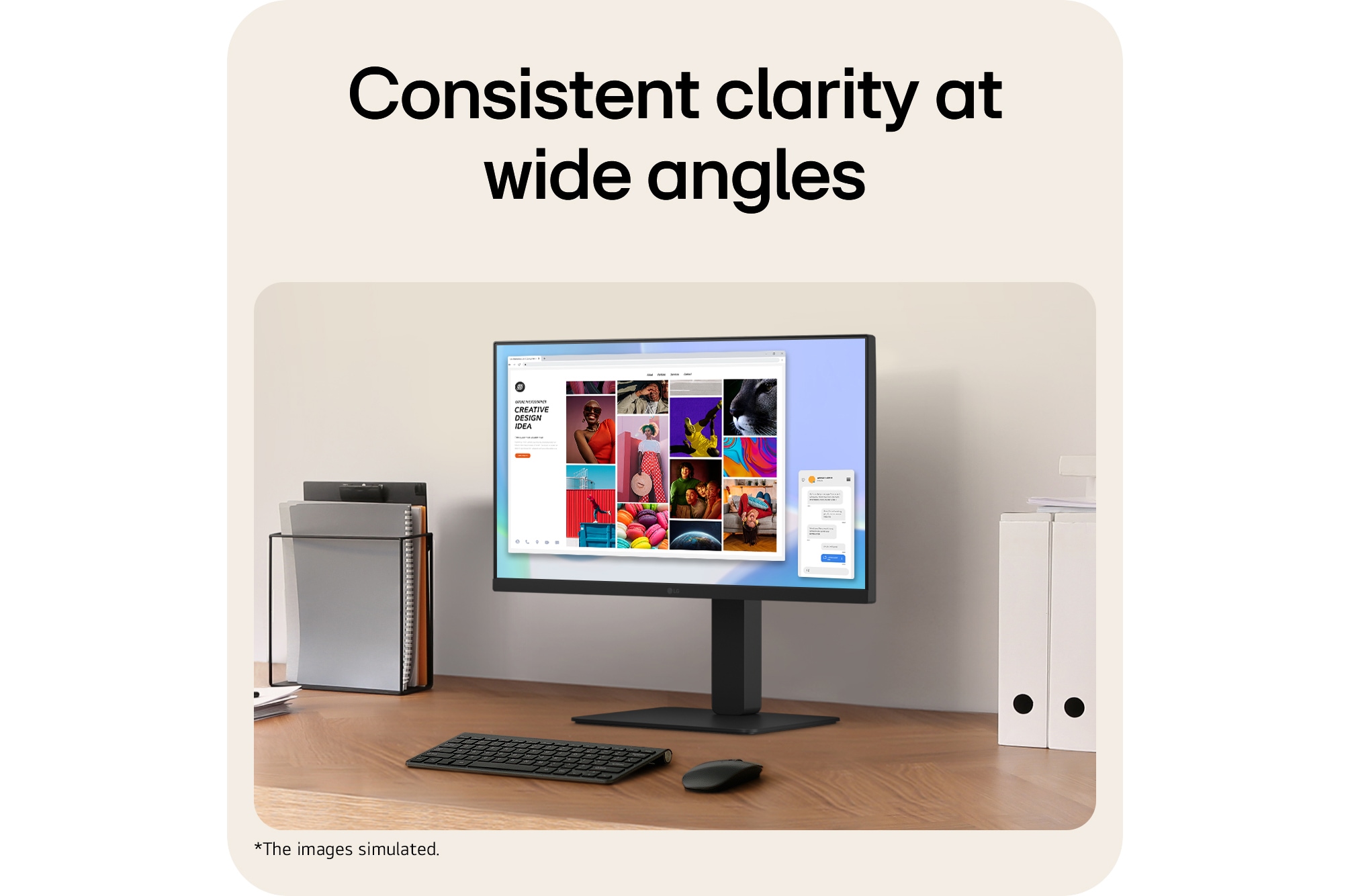 Office desk setup with a monitor displaying a colorful creative design interface, highlighting consistent clarity and wide viewing angles.