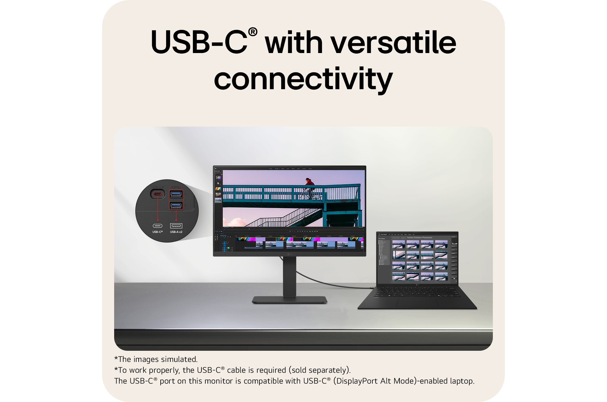 LG monitor connected to a laptop via USB-C, showcasing versatile connectivity with USB-C and USB-A ports highlighted for expanded device support.