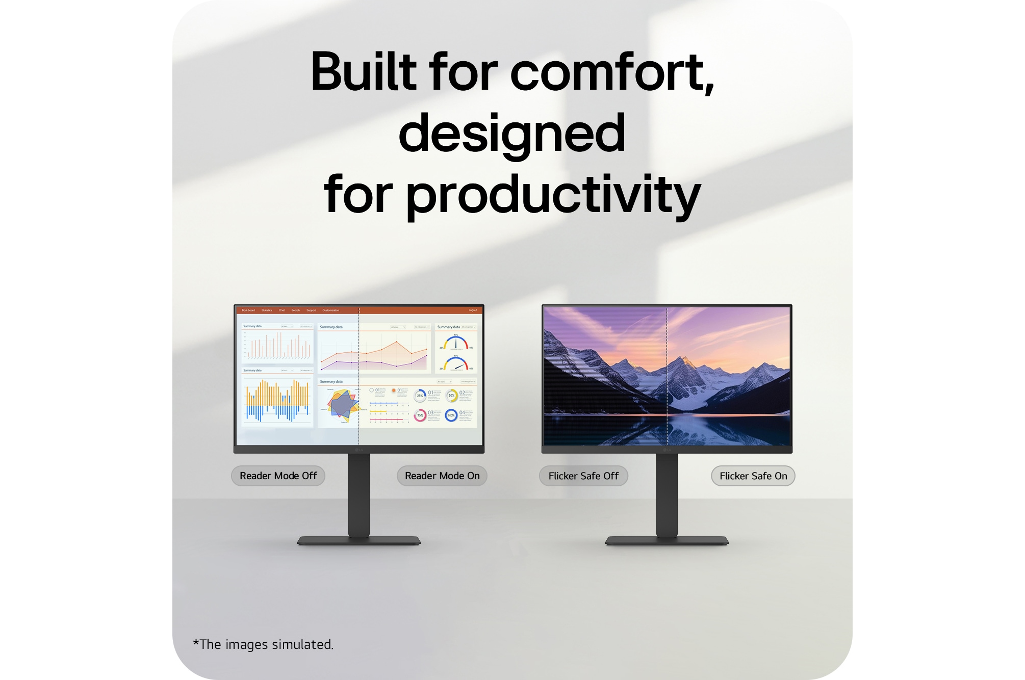 Two monitors comparing reader mode and flicker-safe features, illustrating improved eye comfort and productivity with reduced blue light and screen flicker.