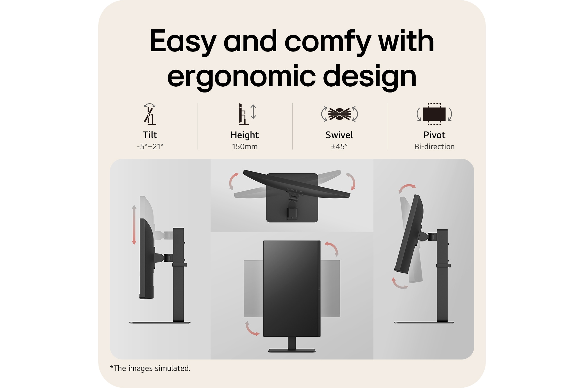 Ergonomic monitor design showcasing tilt, height adjustment, swivel, and pivot features for flexible viewing angles and comfortable workspace setup.