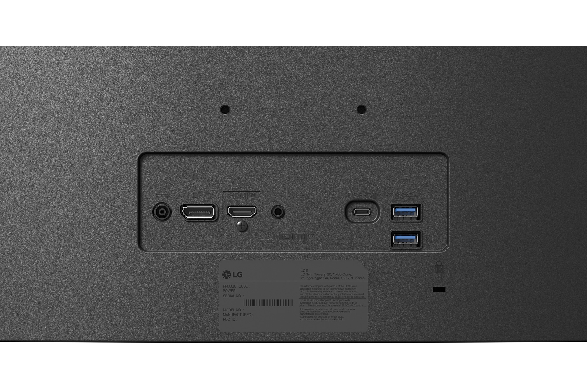 Rear view close-up of monitor ports including DC-in, DisplayPort, HDMI, headphone jack, USB-C, and dual USB-A ports for versatile connectivity.