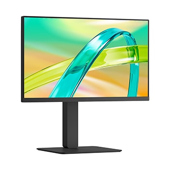 Front view of a monitor displaying a colorful abstract image on a sleek black stand.