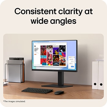 Office desk setup with a monitor displaying a colorful creative design interface, highlighting consistent clarity and wide viewing angles.