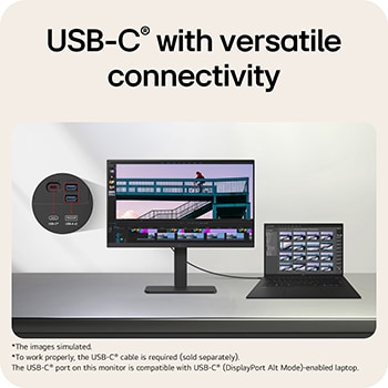 LG monitor connected to a laptop via USB-C, showcasing versatile connectivity with USB-C and USB-A ports highlighted for expanded device support.