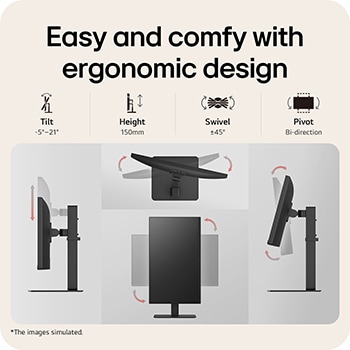 Ergonomic monitor design showcasing tilt, height adjustment, swivel, and pivot features for flexible viewing angles and comfortable workspace setup.