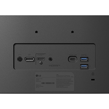 Rear view close-up of monitor ports including DC-in, DisplayPort, HDMI, headphone jack, USB-C, and dual USB-A ports for versatile connectivity.