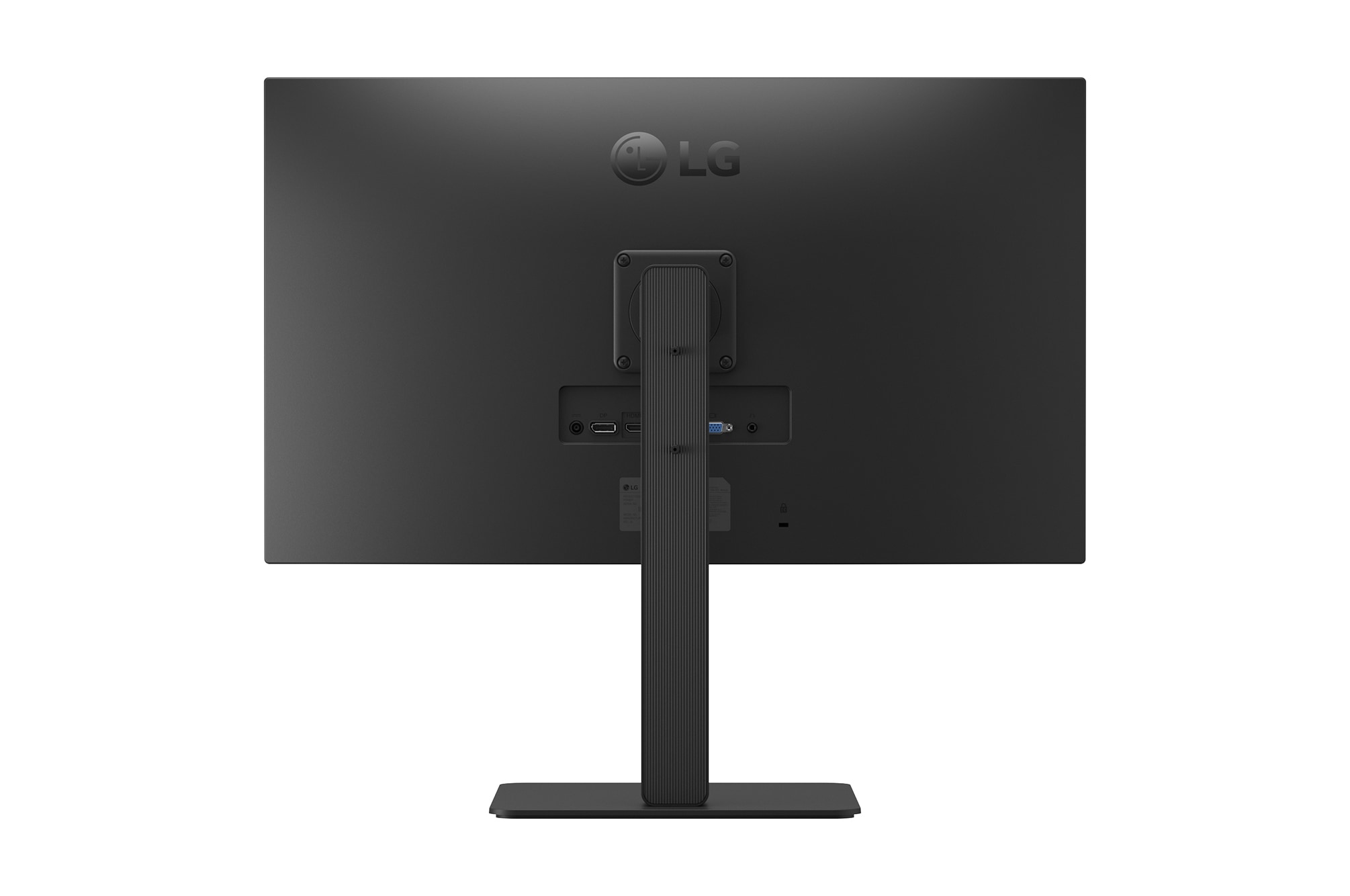 Rear view of an LG monitor showing stand design and connectivity ports.