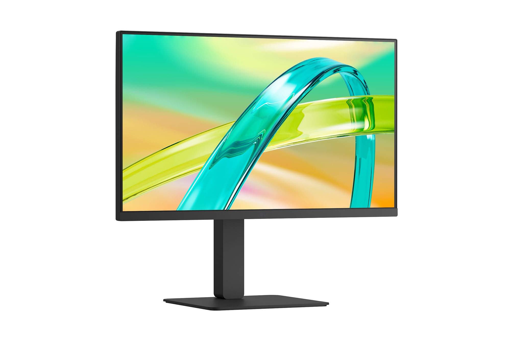Front view of a monitor displaying a colorful abstract image on a sleek black stand.