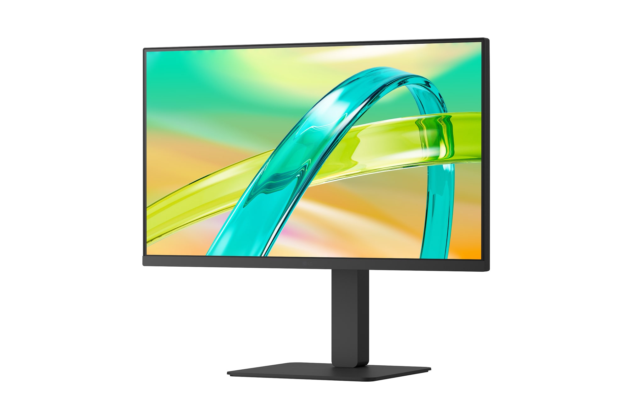 Front view of a monitor displaying a colorful abstract image on a sleek black stand.