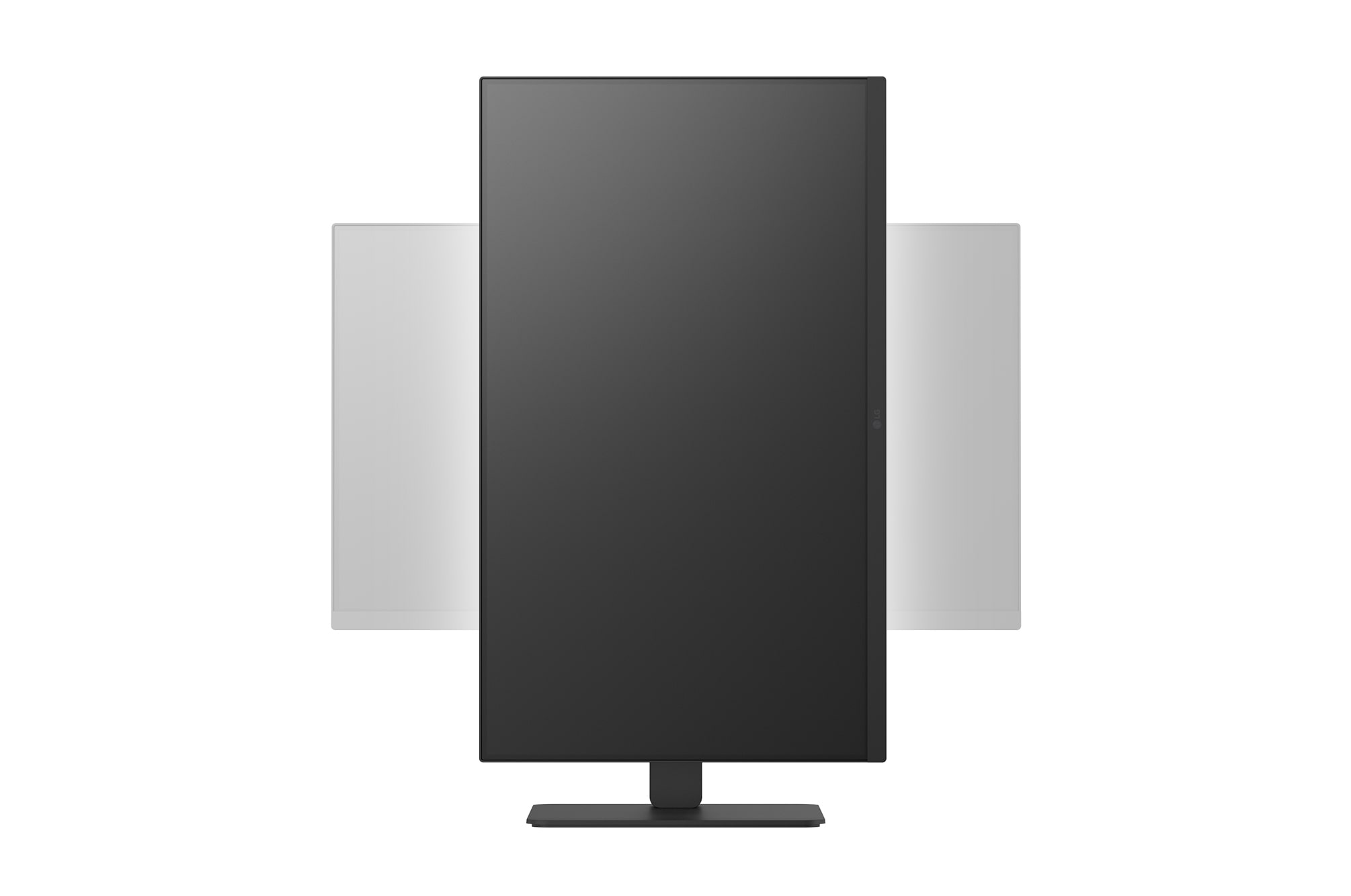Front view of a monitor rotated into vertical portrait mode, showing pivot functionality with horizontal positions in the background.