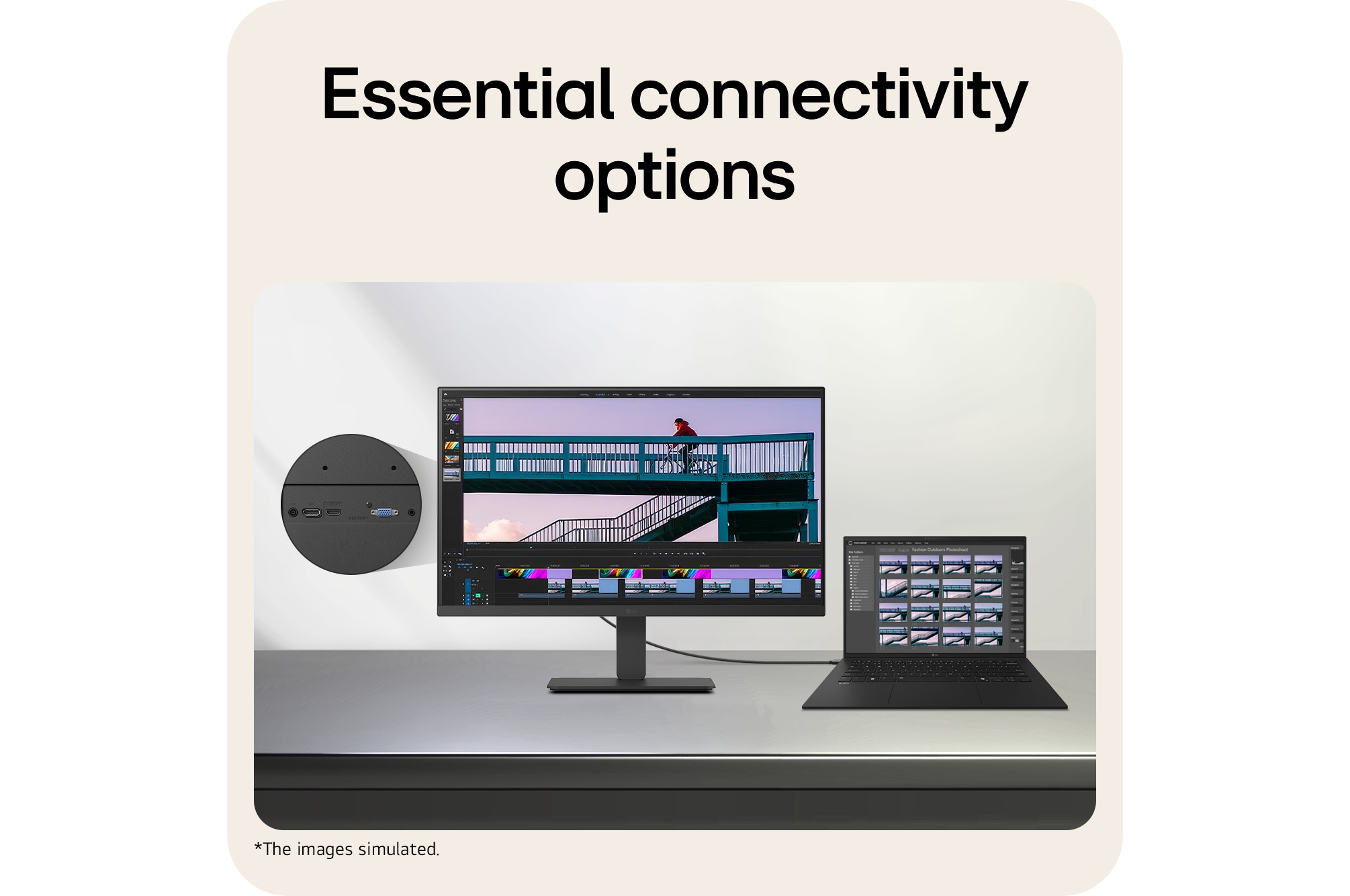 LG monitor connected to a laptop via HDMI cable, showcasing versatile connectivity with HDMI, DisplayPort.